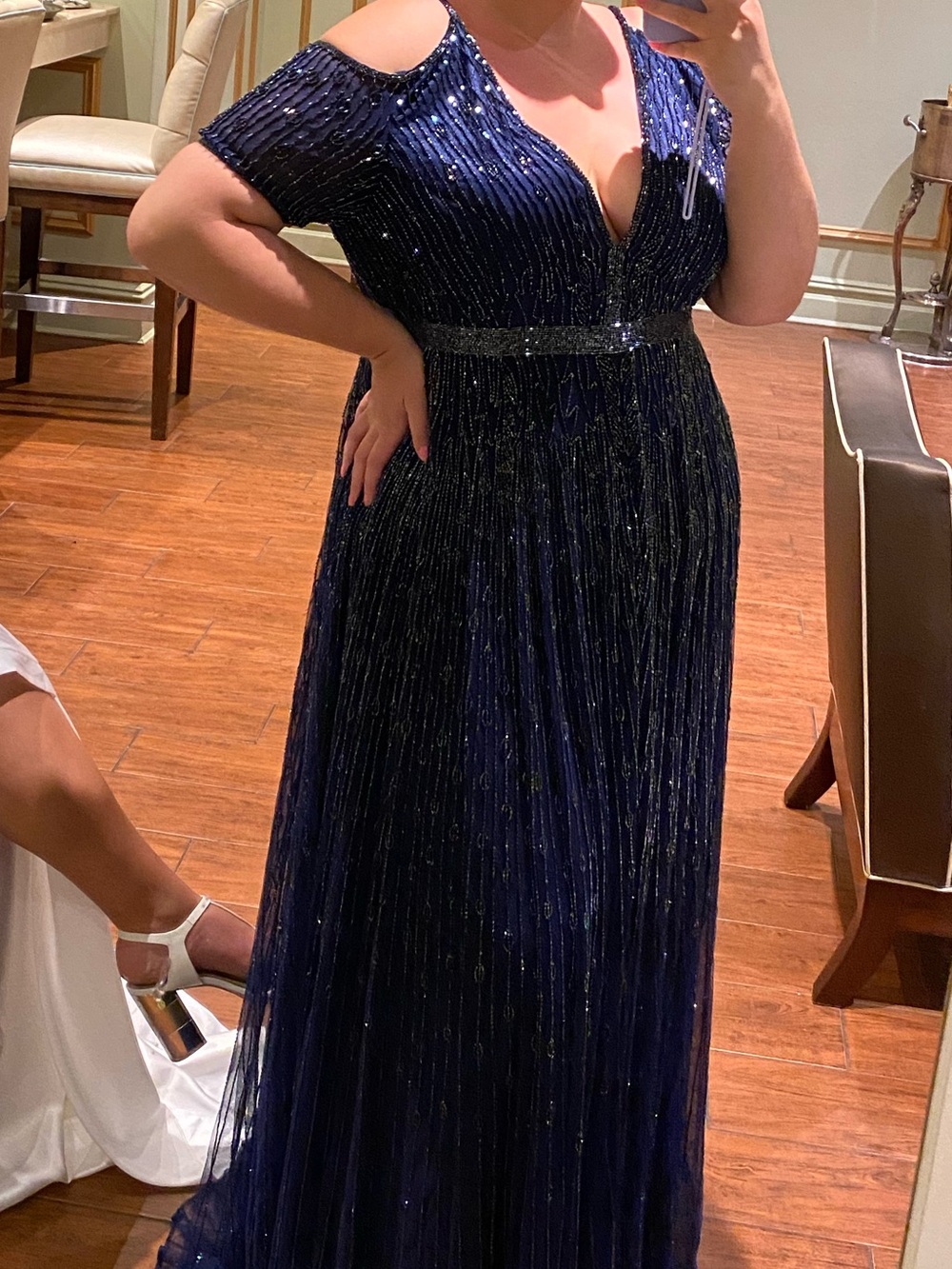 Mac Duggal Navy Cold-Shoulder Sequin Maxi Gown